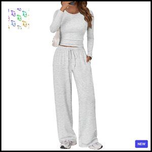 Long Sleeve Matching Lounge Set Side Ruching Top Wide Leg Pants